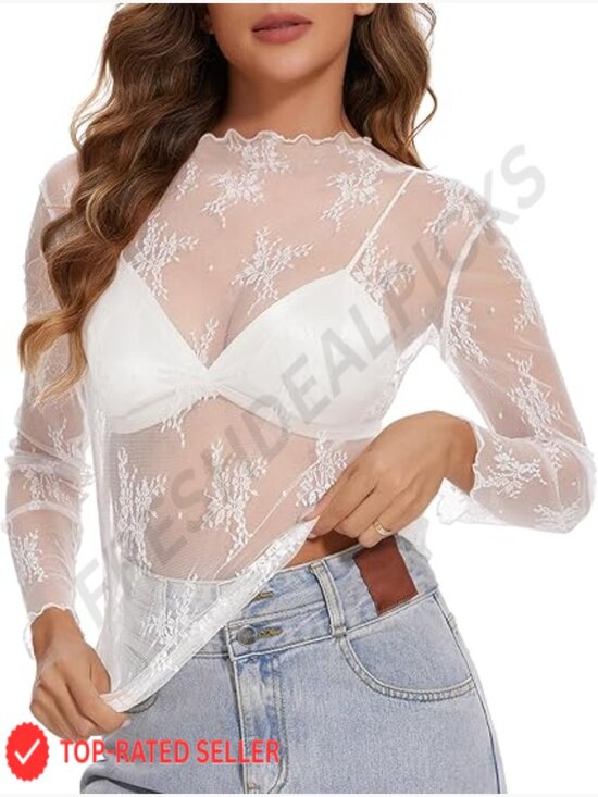 Tops - Lace Mesh Long Sleeve Top Sheer Floral Mock Neck Blouse Party Night Out